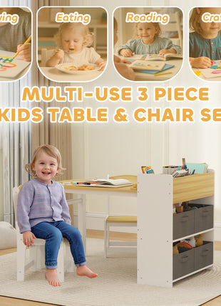 Kids Desk and Chair Set with Paper Roll, Kids Activity Craft Table with Storage Shelves and Drawers, Natural Wood