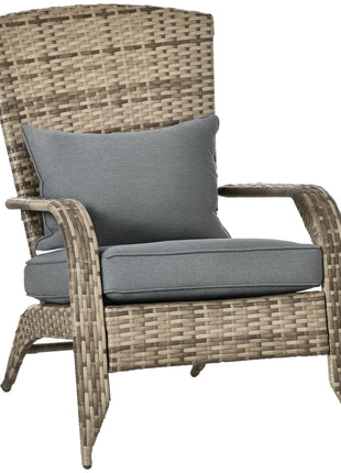 Patio Wicker Adirondack Chair, Outdoor All-Weather Rattan Fire Pit Chair w/ Soft Cushions, Tall Curved Backrest and Comfortable Armrests for Deck or Garden, Mixed Tan/Dark Gray