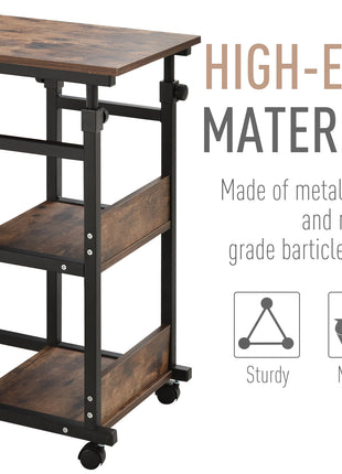 Industrial C-Shaped Mobile Rolling Sofa Side Table with 3-Tier Storage Shelving, Adjustable Height, & Wheels