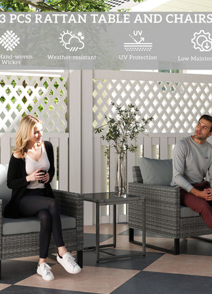 3PCS Patio Set, Wicker Bistro Set with Cushions, Rattan Chairs, Glass Coffee Table for Backyard, Porch, Balcony, Gray