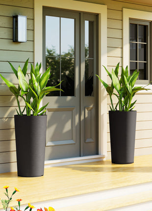 29 Inch Outdoor Planter, Set of 2 Plastic Flower Pots, Weather and UV Resistant Stackable Large Planters, Black