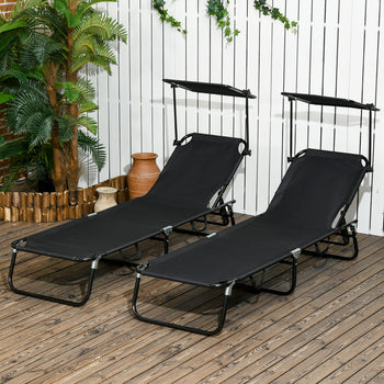 Chaise Pool Lounge Chairs Set of 2, Outdoor Sun Tanning Chairs, Reclining Back, Steel Frame and Side Pocket, Black