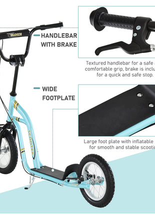 Youth Scooter Front and Rear Caliper Dual Brakes 12-Inch Inflatable Front Wheel Ride On Toy For Age 5+ - Blue