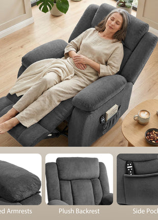 Recliner Massage Armchair with Heat, Oversized Swivel Rocker with Footrest, Remote and Side Pockets, Gray