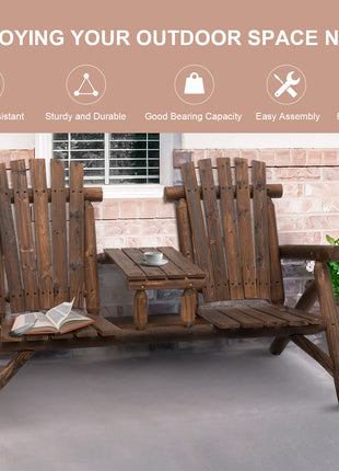 Wood Adirondack Patio Chair Bench with Center Coffee Table, Perfect for Lounging and Relaxing Outdoors Carbonized