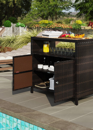 Outdoor Storage Cabinet with Acacia Wood Top, Two Doors, Shelf, Wicker Bar Table for Pool Towel Storage, Brown