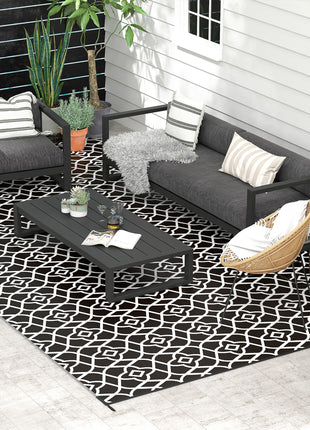 Reversible Outdoor Rug Carpet RV Camping Rugs with Carry Bag, 9' x 18', Black & White Clover