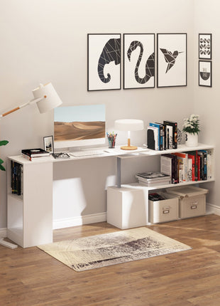 55" 360° Rotating Corner Computer Desk Modern L-Shaped Home Office Workstation with 3-Tier Storage Shelves, Bookshelf, White
