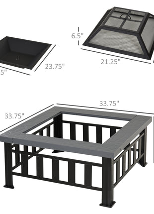 34" Outdoor Fire Pit Square Steel Wood Burning Firepit Bowl with Spark Screen, Waterproof Cover, Log Grate, Poker for Backyard, Camping, BBQ, Bonfire