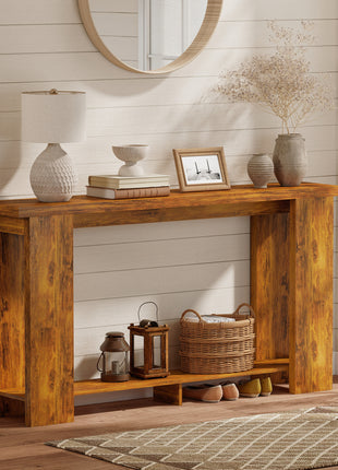 Farmhouse Console Table, 63" Narrow Entryway Table with Thickened Tabletop for Living Room, Hallway, Distressed Brown