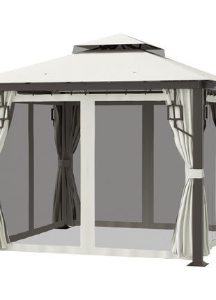 10' x 10' Patio Gazebo, Double Roof Outdoor Gazebo with Privacy Curtains, Mesh Netting, Aluminum Frame Outdoor Canopy Shelter, Cream White