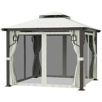 10' x 10' Patio Gazebo, Double Roof Outdoor Gazebo with Privacy Curtains, Mesh Netting, Aluminum Frame Outdoor Canopy Shelter, Cream White