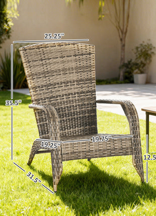 Patio Wicker Adirondack Chair, Outdoor All-Weather Rattan Fire Pit Chair w/ Soft Cushions, Tall Curved Backrest and Comfortable Armrests for Deck or Garden, Mixed Tan/Dark Gray