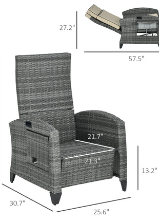 Outdoor Recliner Chair with Cushions, Reclining Patio Lounge Chair with Adjustable Footrest, Armrests, Tray Table, Khaki