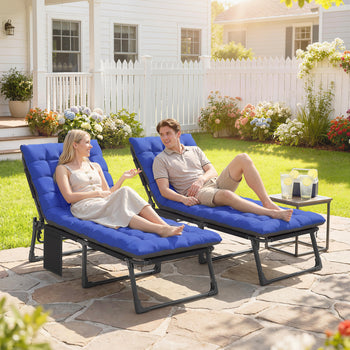 Folding Chaise Lounge Chair Outdoor Tanning Chair Set of 2 with 5-Position Backrest, Cushions, Side Pocket, Gray/Blue