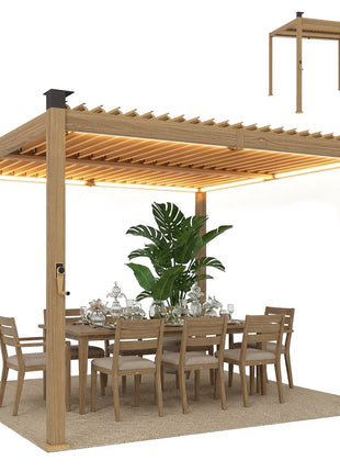 10' x 10' Louvered Pergola with Solar LED lights, Metal Roof, Outdoor Pergola Patio Gazebo with Drainage Gutters, Brown