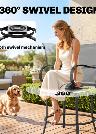 Outdoor Bar Stools Set of 2, 360° Swivel Bar Height Chairs, 26.75" x 29.5" x 48.5", Gray
