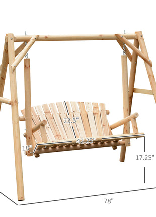 2-Seat Wooden Swing Bench, Ergonomic Design, 'A' Frame Construction, Stable and Non-Slip, Solid Wood Frame Log Garden Swing, for Outdoor and Indoor, Natural Wood