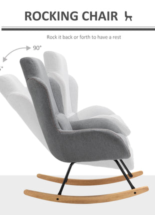 Modern Rocking Chair with Removable Lumbar Pillow Fabric Sofa Armchair with Thick Padding, Metal Frame, Wood Base for Living Room, Light Gray