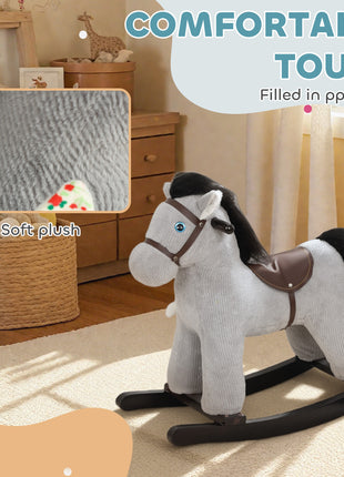 Kids Rocking Horse, Plush Toddler Ride on Toy with Realistic Neigh and Toy for 2–5 Years Old, Gray