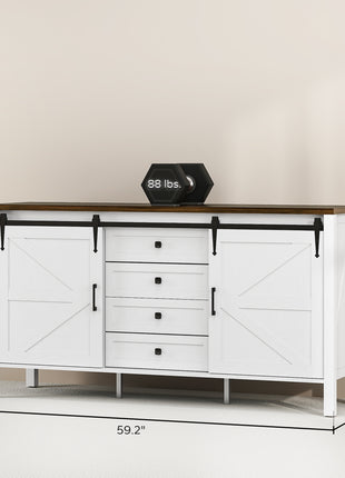 59" Buffet Cabinet, Farmhouse Sideboard with Thick Top, 2 Barn Doors, 4 Drawers and 2 Adjustable Shelves, White