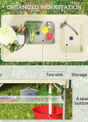 Folding Fish Cleaning Table with Sinks, Portable Camping Sink Table with Faucet, Drainage Hose, Sprayer, Shelf, Drawer and Storage Basket, Outdoor Fillet Table for Picnic Beach Patio, Tan