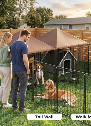 Large Outdoor Dog Kennel with 2 Rooms, Rotating & Adjustable Height Bowls, 13.5' x 9.4' x 5.1'