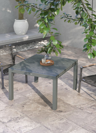 Patio Table for 6-8 People, Aluminum Frame Rectangle Garden Table with Wood Effect Steel Top, for Backyard, Dark Gray