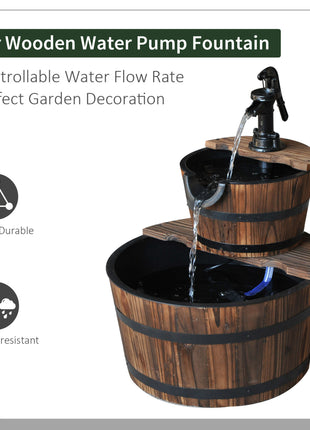 Wood Freestanding Fountain with 2 Tier Waterfall Barrel, Electric Pump for Garden Decor, Lawn, Backyard