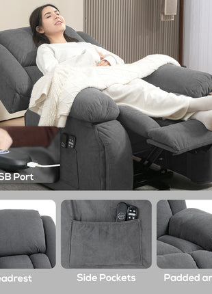 Overstuffed Power Lift Recliner Chair with Vibration Massage and Heat, Side Pockets, Pocket Spring, for Adults, Gray