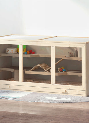 45" Extra Large Wooden Hamster Cage, 3-Layer Rat Cage with Opening Roof, PVC Window, Small Animal Habitat for Gerbil, Dwarf & Syrian Hamsters, Natural