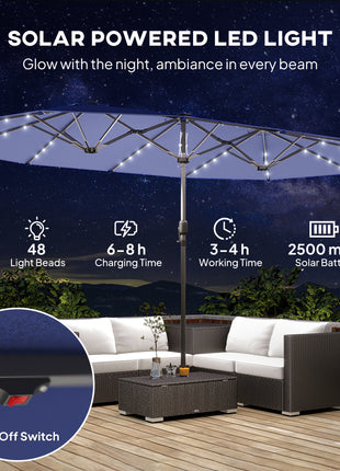 Garden Parasol, Double-Sided Sun Umbrella with LED Solar Lights, Patio Parasol for Outdoor, Navy Blue