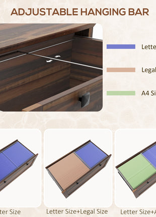 Lateral File Cabinet, 2 Drawer Filing Cabinet with Adjustable Hanging Bar for Letter, A4 and Legal Size, Brown