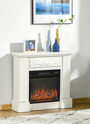 32" Electric Fireplace with Mantel, Freestanding Heater with LED Log Flame, Overheat Protection and Remote Control, 1400W, White