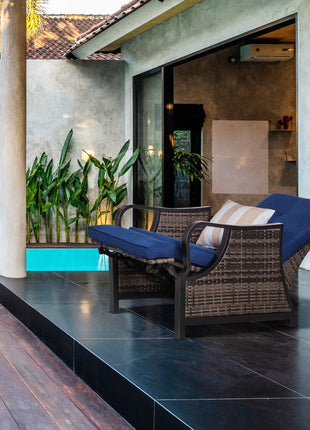 Outdoor Recliner Chair with Cushion, Rust-Resistant Aluminum Frames PE Wicker Patio Lounge Chaise Chair with Adjustable Reclining Backrest and Footrest, Pillow, Dark Blue