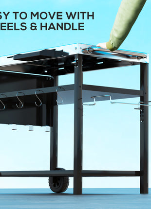 Outdoor Bar Cart Grill Table with Stainless Steel Tabletop, Wheeled Outdoor Serving Cart Prep Table with Storage, Hooks