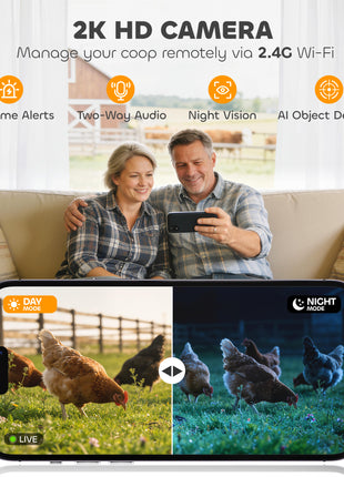 2K HD AI Camera Automatic Chicken Coop Door with APP Remote Control, WiFi Solar Powered with 5200 mAh Large Battery