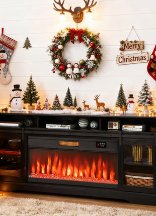 Fireplace TV Stand for TVs Up to 80 Inch, TV Console with Electric Fireplace, Open Storage and Side Cabinets, Black