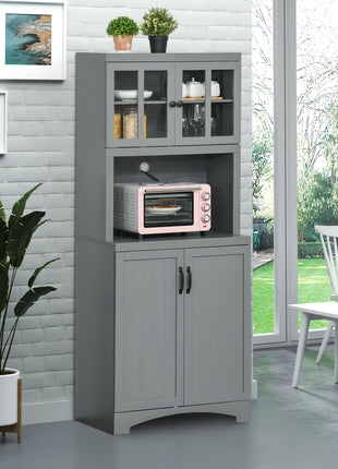 Storage Cabinet with Adjustable Shelves and Microwave Space, 70" Pantry Cabinet with Glass Framed Door, Gray