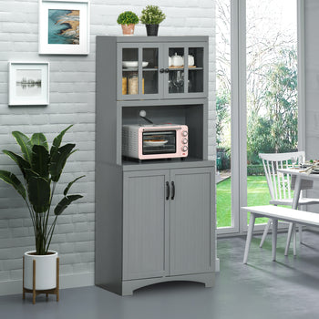 Storage Cabinet with Adjustable Shelves and Microwave Space, 70" Pantry Cabinet with Glass Framed Door, Gray