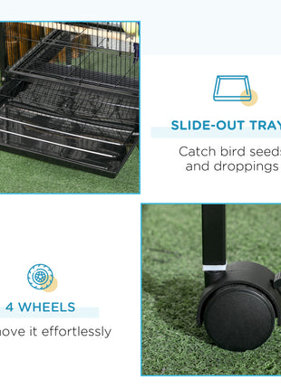 55" 2 In 1 Bird Cage Aviary Parakeet House for finches, budgies with Wheels, Black