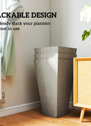 Tall Planters for Outdoor Plants Set of 3, 28 In Taper Planters with Drainage Holes, Indoor Grande Plant Pots, Front Porch Decor, Grey