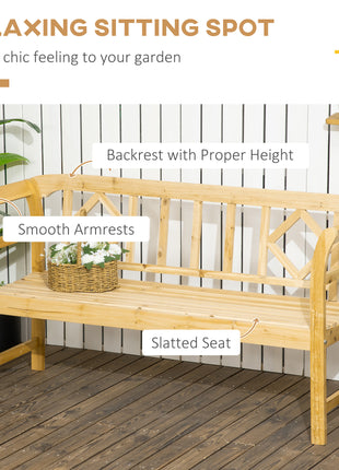 Wooden Patio Bench, Outdoor Garden Bench with Backrest and Armrests, 3 Person Porch Bench with Rustic Country Diamond Pattern, Natural