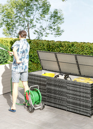 175 Gallon Outdoor Storage Box with Inner Liner, PE Rattan Wicker Deck Box with Pneumatic Bar Lift, Mixed Gray