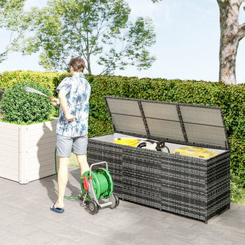 175 Gallon Outdoor Storage Box with Inner Liner, PE Rattan Wicker Deck Box with Pneumatic Bar Lift, Mixed Gray