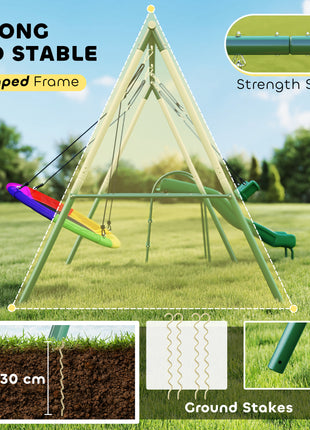 Metal Swing Set with Slide, Saucer Swing Seat, Heavy Duty A-Frame Stand and Adjustable Rope for Backyard, Dark Green