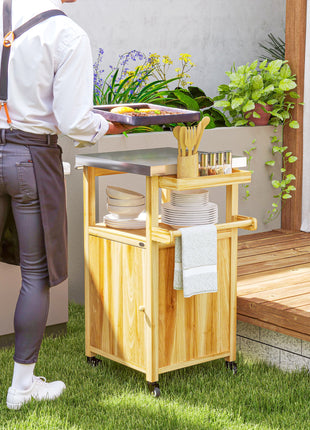 Outdoor Grill Cart w/ Stainless Steel Top, Solid Wood Outdoor Kitchen Island w/ Wheels, Integrated Hole, Natural Wood