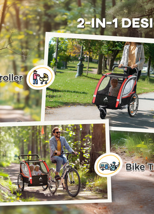 2-in-1 Walk/Ride Child Baby Bike Trailer for Kids 2 Seater, High-Visibility Bike Stroller for Toddler Wagon, Weather-Strong Double Bicycle Trailer Accessory, Red