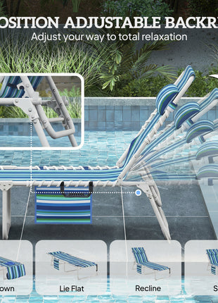 Tanning Chair Set of 2 with Face Hole and Side Table, 5-Position Folding Outdoor Chaise Lounge Chair, Blue Stripe