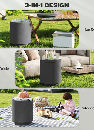 2.6 Gal Outdoor Side Table, 3-In-1 Concrete Cooler Bar Table with Storage, Removable Ice Bucket and Lid, Charcoal Gray